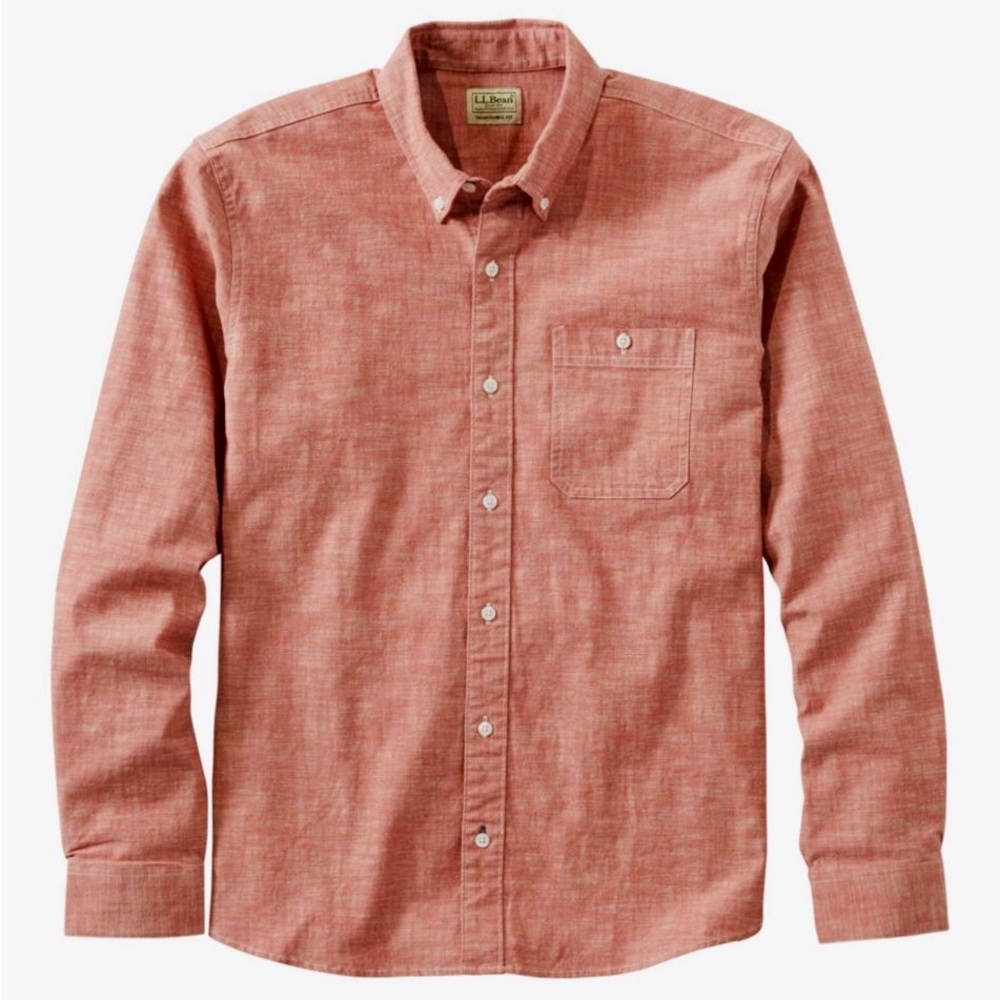 L.L. BEAN Comfort Stretch Men's Casual Chambray Brick Red Button-Down Shirt